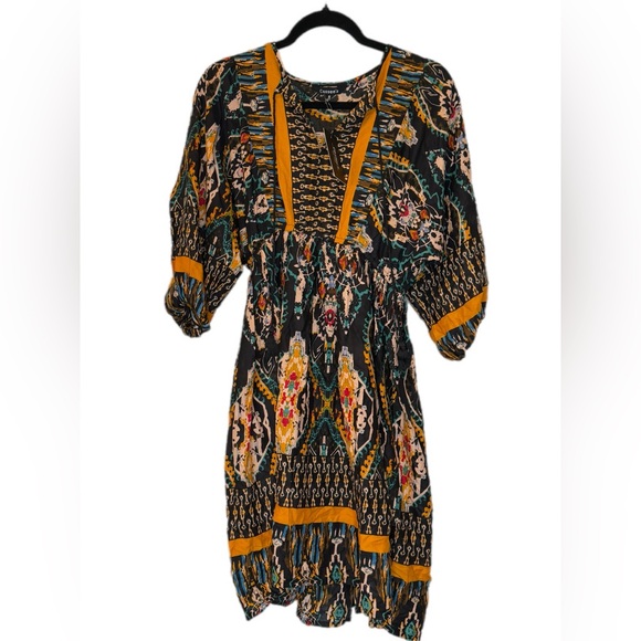 Boho Midi Dress Mixed Print Mustard Trim Elastic Waist Cassees Size M NWT Rayon - Picture 1 of 6